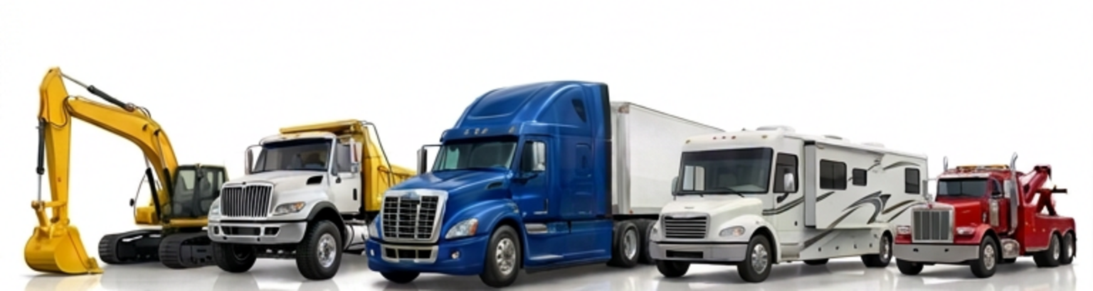 Excavator, dump truck, semi, box truck, RV motorhome and tow truck