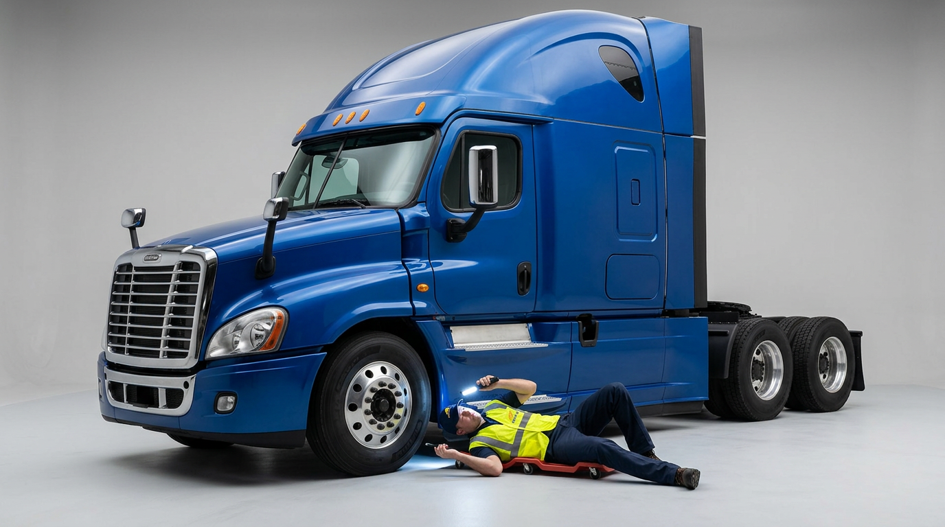 Mechanic inspecting the undercarriage of a blue semi truck