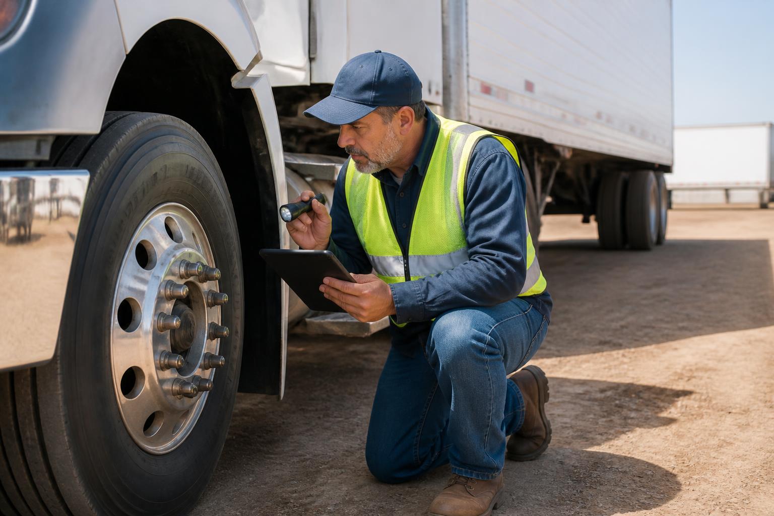 Inspector checking the wheel and brakes on a semi truck before purchase